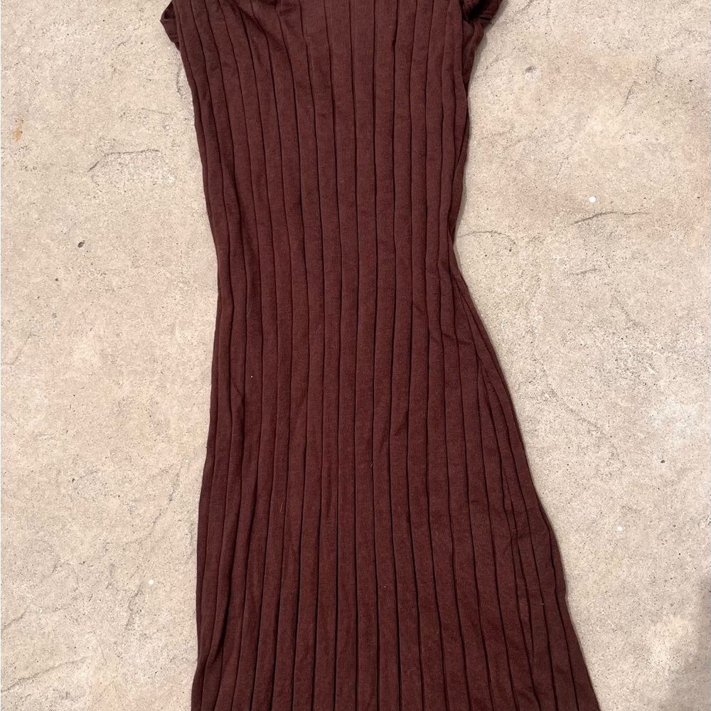 Brown Ribbed Bodycon Midi Dress